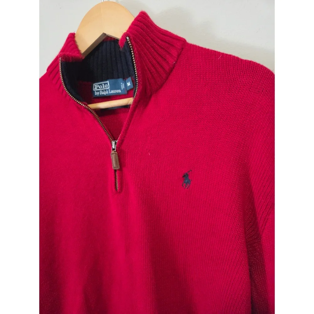 Polo Ralph Lauren Mens Red 100% Cotton Quarter Zip Pullover Sweater Medium